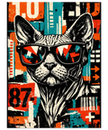Street art poster föreställande en sphynx-katt i svarta solglasögon mot ett grafiskt collage i orange, blått och svart.