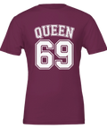 Vinröd t-shirt med Queen 69 tryckt i vit varsity-typografi
