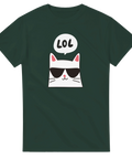 Tecknad vit katt med solglasögon och "LOL" i pratbubbla på mörkgrön t-shirt.