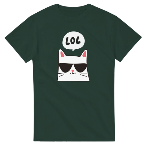 Tecknad vit katt med solglasögon och "LOL" i pratbubbla på mörkgrön t-shirt.