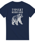 Stilren björn-illustration med norrländskt citat på en marinblå t-shirt