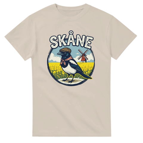 Vintage inspirerad design med skånskt landskap och fågel – beige t-shirt