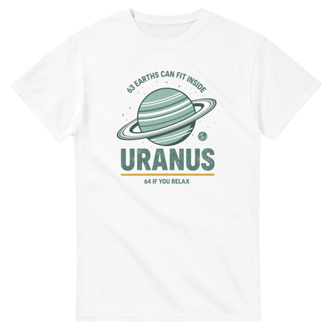 Stilren poster-design av Uranus med roligt citat om planeter – vit t-shirt