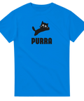 Svart tecknad katt med stora ögon och text "PURRA" på blå t-shirt.