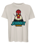 Humoristisk t-shirt med Johnny Cocker-motiv på sandfärgat tyg