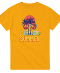 Hello Summer" neontext, palmträd, solglasögon, kokosnöt på gul t-shirt