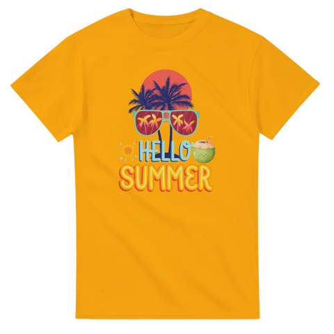 Hello Summer" neontext, palmträd, solglasögon, kokosnöt på gul t-shirt