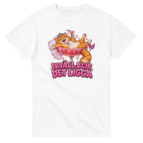 Vit t-shirt med katten i cocktailglas, brudslöja och texten ”Ikväll blir det ligga”.