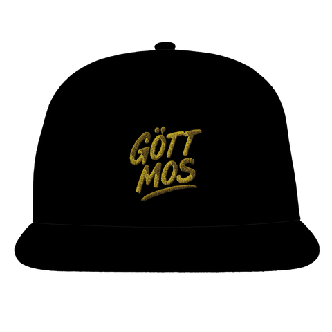 Svart snapback med gult broderi av texten Gött Mos i grafisk stil