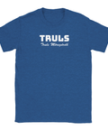 TRULS Truls Möregårdh" text i vitt på kungsblå t-shirt, sportig design.