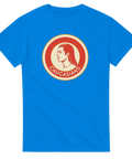 Blå t-shirt med ironiskt budskap tryckt i klassisk 50-talsstil