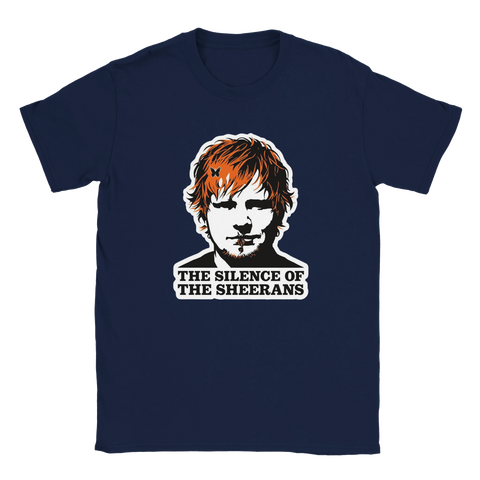 Satirisk illustration av Ed Sheeran som Hannibal Lecter på marinblå t-shirt