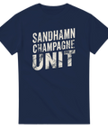 Marint inspirerat texttryck Sandhamn Champagne Unit på mörkblå t-shirt
