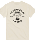 Edward Blom Fan Club-tryck med karikatyr av Blom i stråhatt, på cremevit T-shirt.