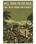 Närbild på en vintageinspirerad textposter med platta färgfält i olivgrönt och beige föreställande ett djungelmotiv.