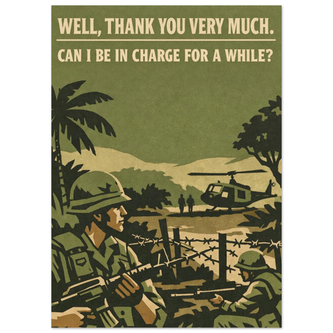 Närbild på en vintageinspirerad textposter med platta färgfält i olivgrönt och beige föreställande ett djungelmotiv.