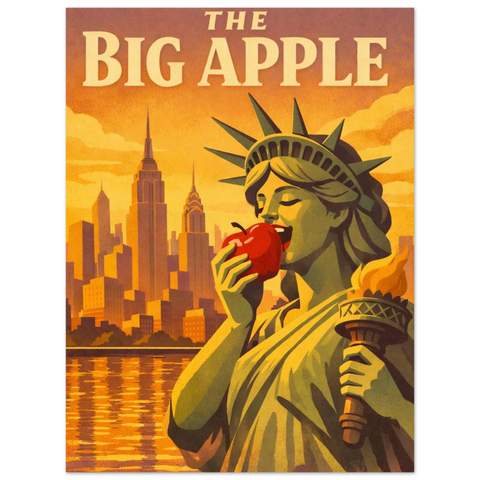 Inredningsdetalj med en färgglad poster föreställande New York och Frihetsgudinnan mot en bakgrund av skyskrapor.