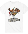 Humoristisk illustration av en festande björn på en vit t-shirt