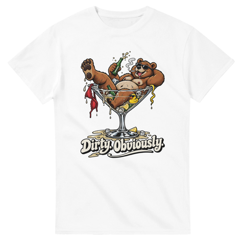 Humoristisk illustration av en festande björn på en vit t-shirt