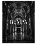 Närbild på en estetisk poster föreställande en storslagen katedral i svartvitt med texten RUMPA mums.