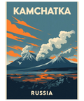 Närbild på en travel poster föreställande ryska Kamchatka med minimalistiska bergstoppar och röd lava i förgrunden.
