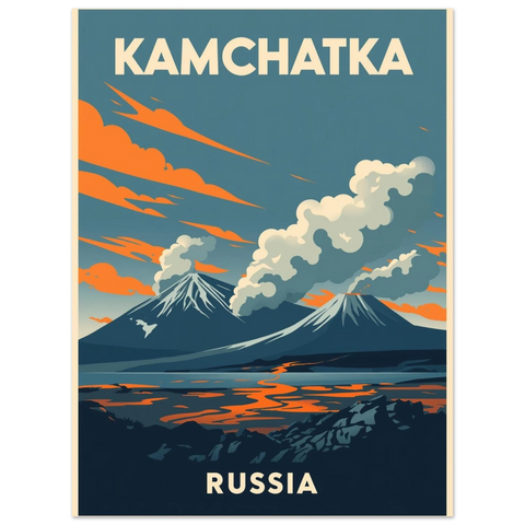 Närbild på en travel poster föreställande ryska Kamchatka med minimalistiska bergstoppar och röd lava i förgrunden.