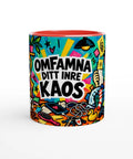 Mugg med texten Omfamna ditt inre kaos och färgglada illustrationer.
