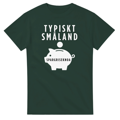 Mörkgrön t-shirt med småländskt motiv föreställande en spargris och text