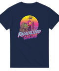 Synthwave-illustration med CRT-dator och skateboard på marinblå t-shirt