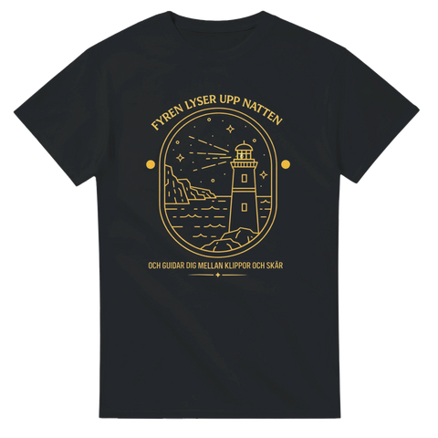 Minimalistisk guldillustration av en fyr vid havet – grafisk t-shirt