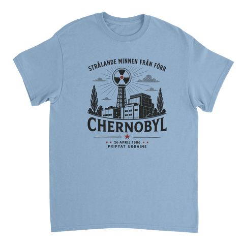 Mörk humoristisk design med kärnkraftstema på ljusblå t-shirt