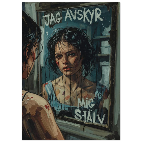 Illustration av en kvinna som ser sin spegelbild med klottrad vit text där det står Jag avskyr mig själv på spegeln.