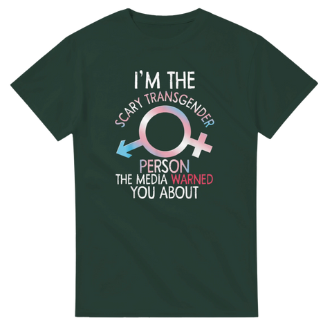 Ironiskt statement-motiv för transpersoner med symbolik på mörkgrön t-shirt