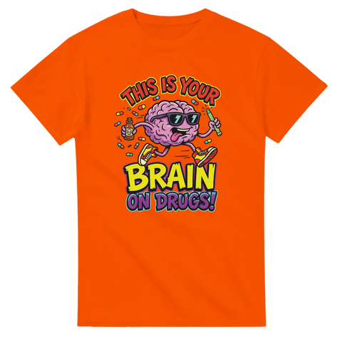 Orange t-shirt med neonfärgat statement-tryck och kaxig cartoon-estetik