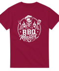 Dödskalle med grillgaffel och stekspade i vitt tryck på vinröd t-shirt