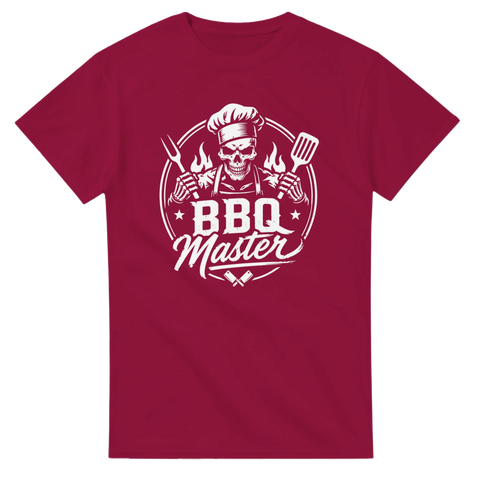 Dödskalle med grillgaffel och stekspade i vitt tryck på vinröd t-shirt