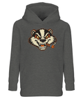 Gråmelerad barnhoodie med en rökande grävling i kaxig serieformat