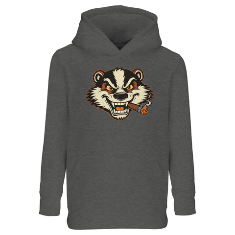 Gråmelerad barnhoodie med en rökande grävling i kaxig serieformat