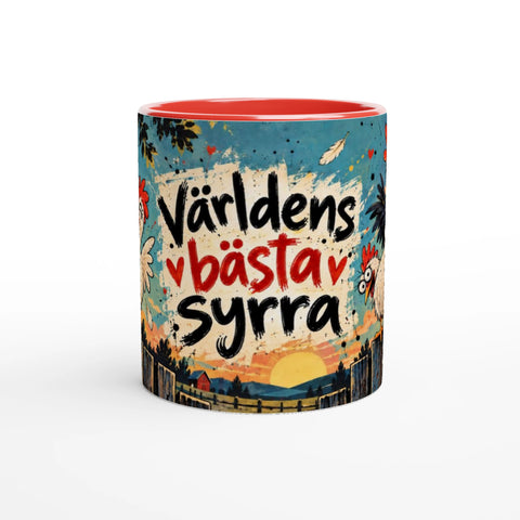 Mugg med texten Världens bästa syrra och tecknade hönor.