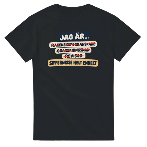 T-shirt med överstrukna yrkestitlar och texten Siffernisse helt enkelt