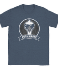 Puta Madre-tryck med vit gås i solglasögon på mörkblå t-shirt, retro humoristisk design.
