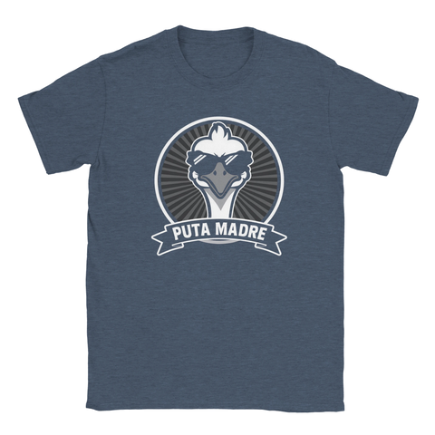 Puta Madre-tryck med vit gås i solglasögon på mörkblå t-shirt, retro humoristisk design.