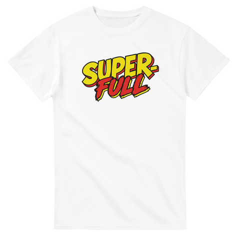 Retro pop art motiv med texten Superfull på vit t-shirt