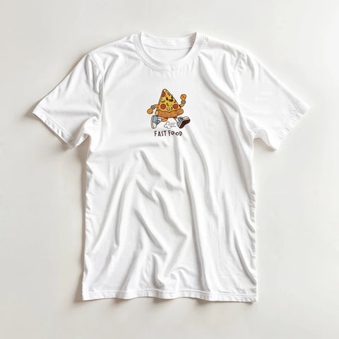 Retro cartoon-motiv av en snabb pizzaslice med texten Fast Food