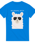 Llama med solglasögon och texten "NO DRAMA, BITCH" på en blå T-shirt.