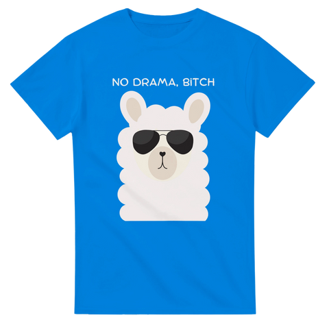 Llama med solglasögon och texten "NO DRAMA, BITCH" på en blå T-shirt.