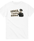 Vintage illustration av polis med höjd hand på vit t-shirt