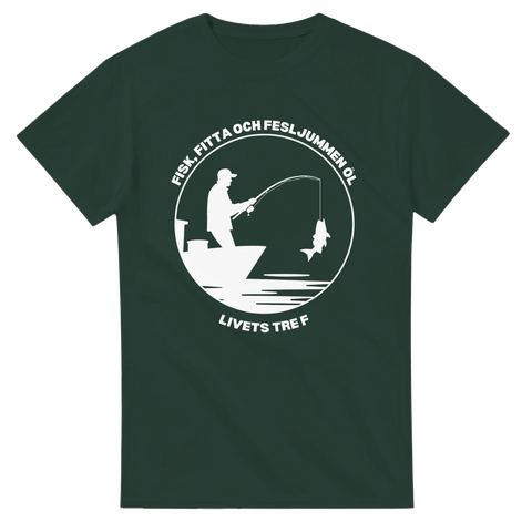 Mörkgrön t-shirt med vit cirkeldesign, fiskare och provokativ text.