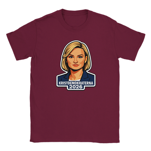 T-shirt i vinrött med en kaxig illustration av Kristdemokraternas ledare