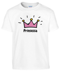 Illustration av en rosa krona med texten Prinsessa – vit barntröja